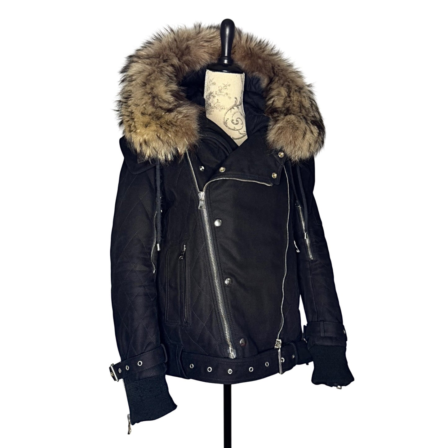 Balmain AW13 quilted raccoon trimmed bondage jacket