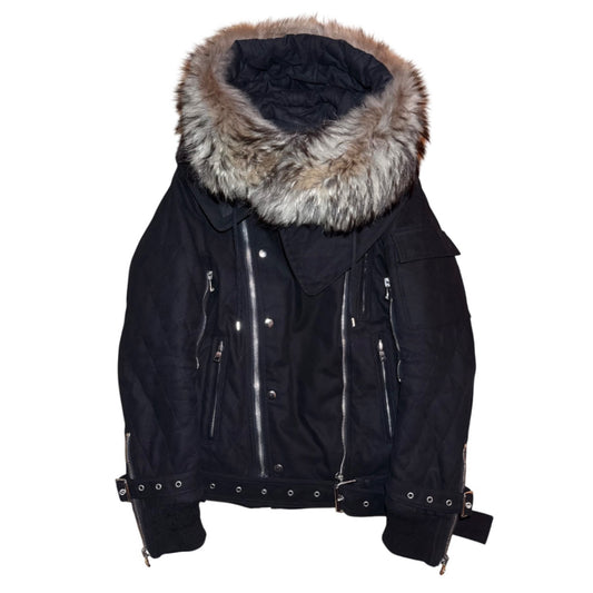 Balmain AW13 quilted raccoon trimmed bondage jacket