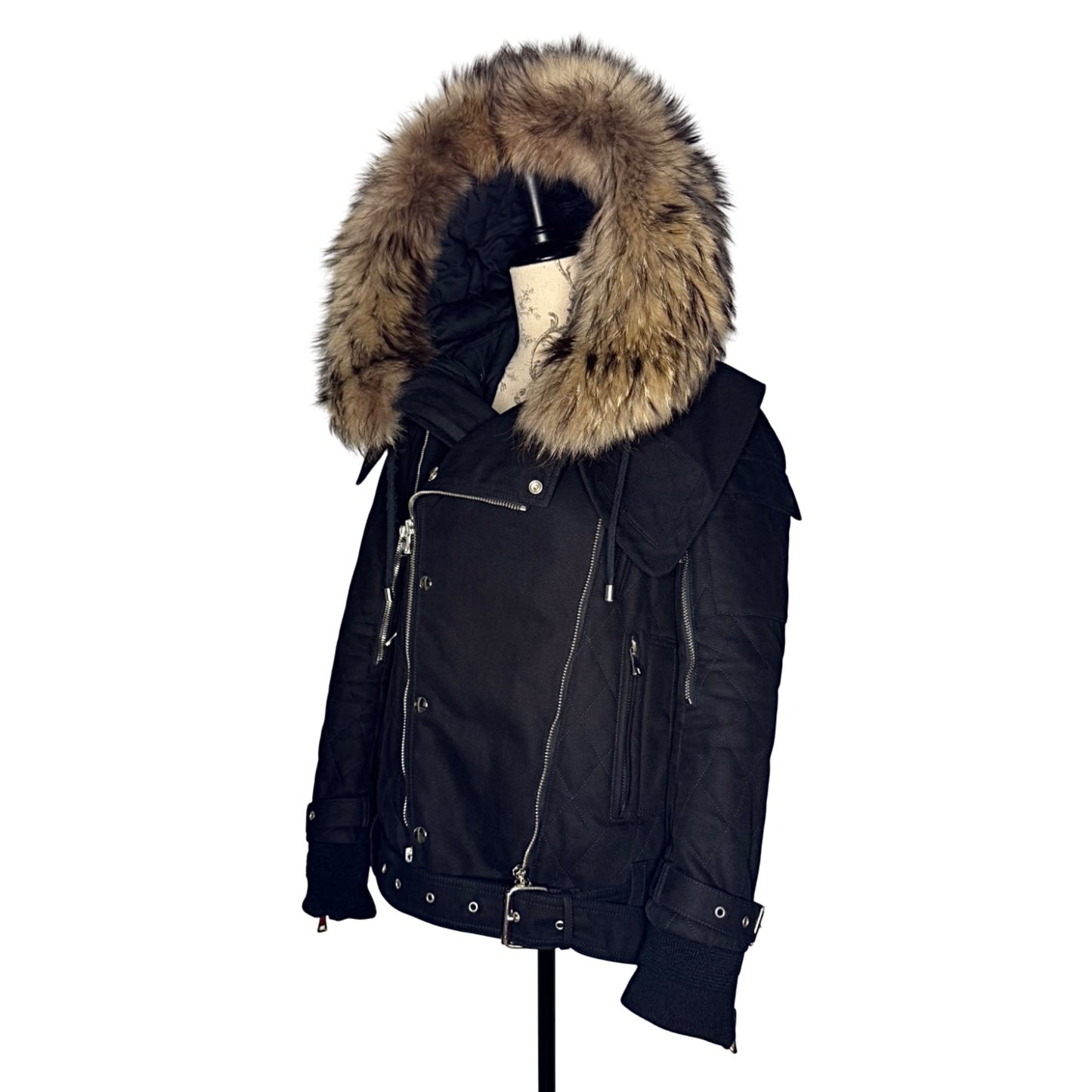 Balmain AW13 quilted raccoon trimmed bondage jacket