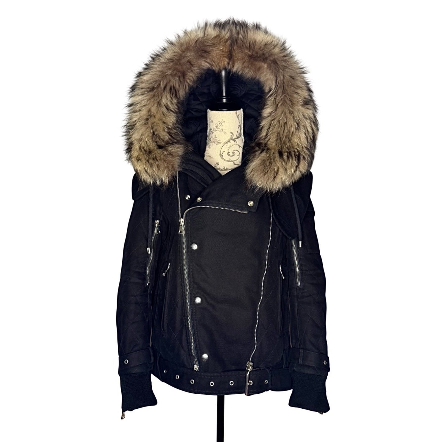 Balmain AW13 quilted raccoon trimmed bondage jacket