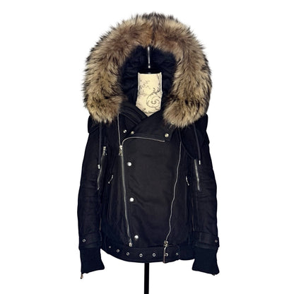 Balmain AW13 quilted raccoon trimmed bondage jacket