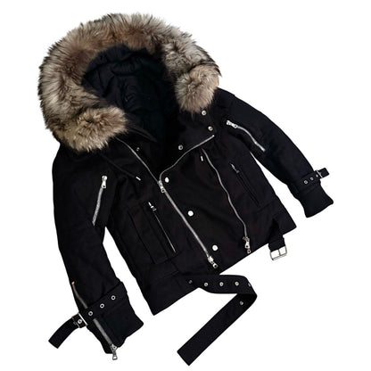 Balmain AW13 quilted raccoon trimmed bondage jacket