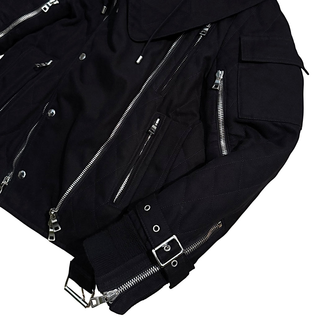 Balmain AW13 quilted raccoon trimmed bondage jacket