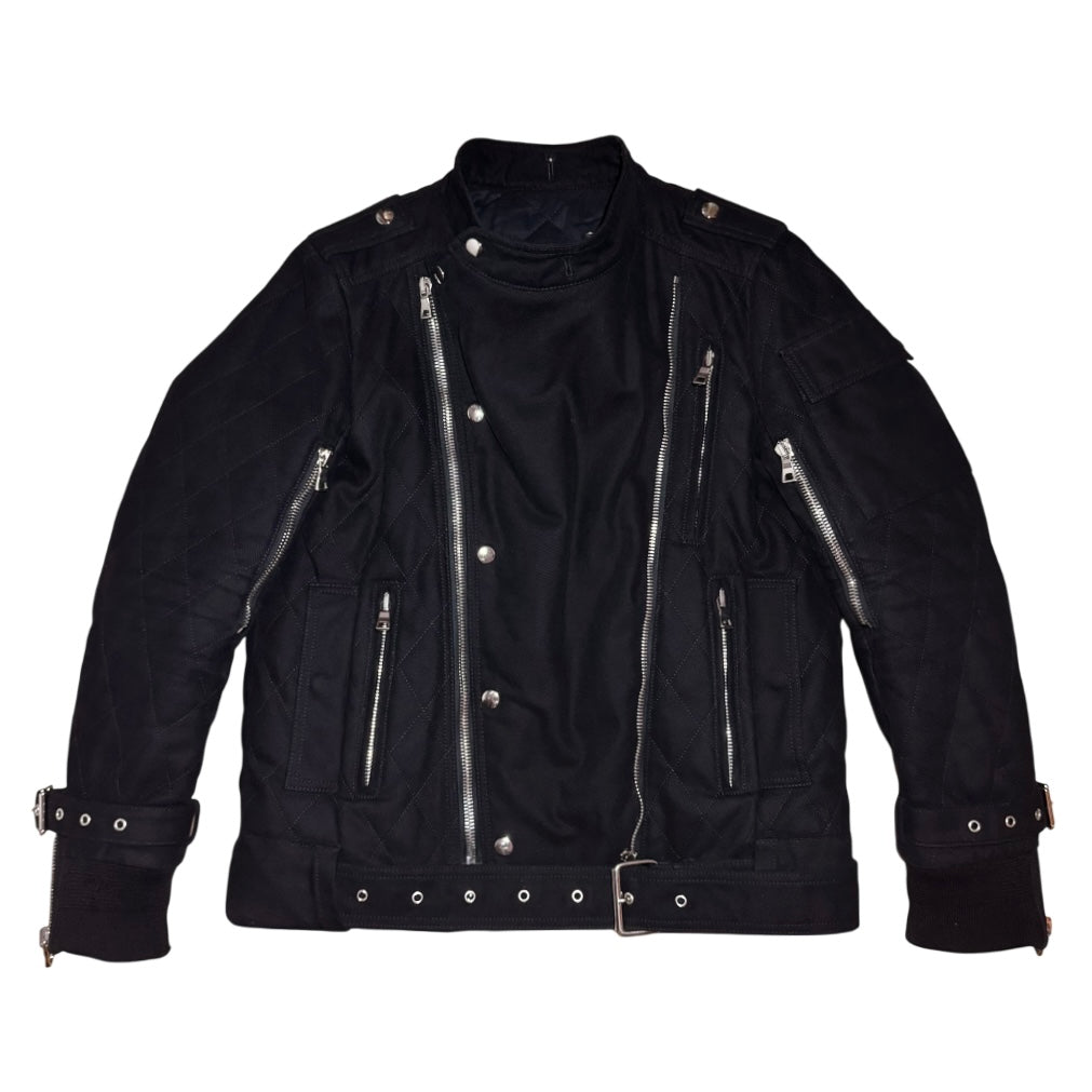 Balmain AW13 quilted raccoon trimmed bondage jacket