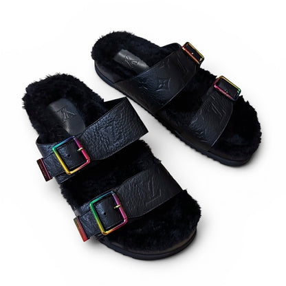 Louis Vuitton Mirabeau fur leather sandals