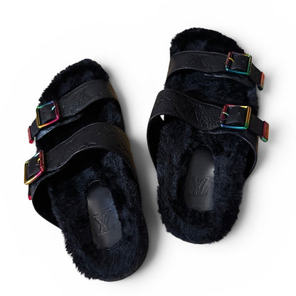 Louis Vuitton Mirabeau fur leather sandals
